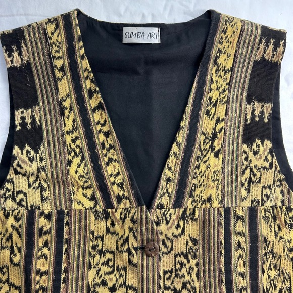 Sumba Art Wms Tapestry Vest S Jacquard Black Beige Pockets Academia Art To Wear - Picture 1 of 5